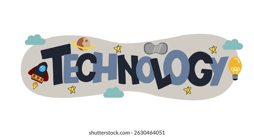 Tecnologia lettering vetor com lâmpada de ideia, foguete, planeta, nuvem e elementos de estrela