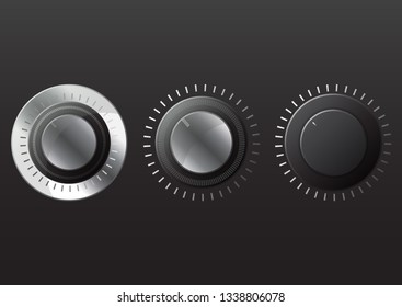 Technology Level Adjustment Icon Set Icon Isolated On Gray Background. Volume Button, Sound Control, Musical Dial With Numeric Scale, Sound Control, Analogue Knob.