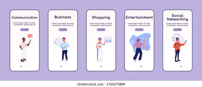 Technology in life onboarding mobile app screen flat vector template. Modern digital lifestyle walkthrough website steps with characters. UX, UI, GUI smartphone cartoon interface, case prints set