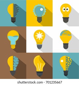 Technology light bulb icons set. Flat set of 9 technology light bulb vector icons for web with long shadow