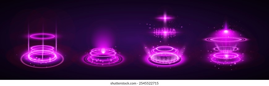 Efecto de portal de luz de Tecnología. Circle la luz púrpura con el resplandor mágico del neón. Portal de hologramas futuristas de tecnología. Teleport anillo de energía rosa para el juego. Escenario futurista violeta luminoso