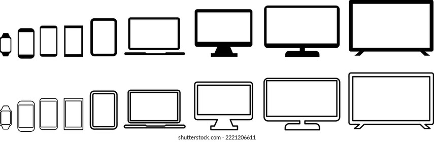 technology line devices icon set.TV monitor, computer, laptop, tablet, smartphone, watch icons. Outline mockup electronics devices monitor lines icon on white background..eps