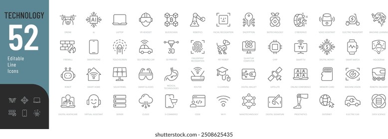 Technology Line Editable Icons set. Vector illustration in thin line modern style of modern technologies related icons: robotics, digital money, face ID, and more. Isolated on white