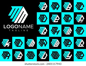 Technology line hexagon letter M MM logo design set