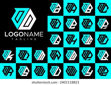 Technology line hexagon letter O OO logo design set