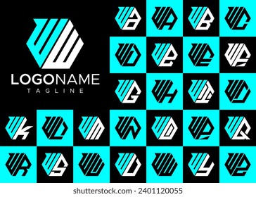 Technology line hexagon letter W WW logo design set