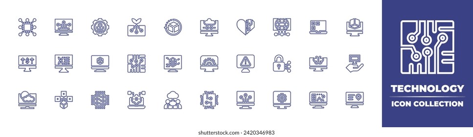 Technology line icon collection. Editable stroke. Vector illustration. Containing technology, artificial heart, digital disruption, product development, laptop, ground, design, alert, crowdfunding.