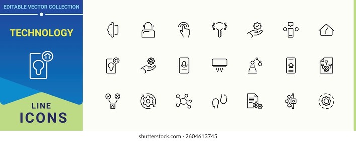 Technology line icon. Contains such symbols as optimization, engineering, tech, innovation and more. Automation line icon set. Line icons with editable stroke. Editable stroke. Vector collection.