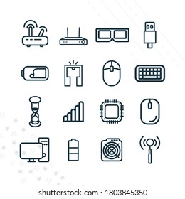 technology line icon set with 3d glasses, mobile network, computer, battery, wifi router, CPU, mouse