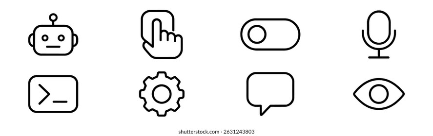 Technology line icon set - ai, robotics, settings, and communication symbols