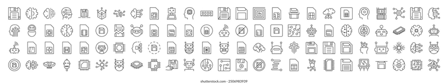Technology Line Icon Set. Contains Icons of Brain, Chip, Robot, Artificial Intelligence that Can Be Used for Design of Cards, Posts, Apps, Web Sites