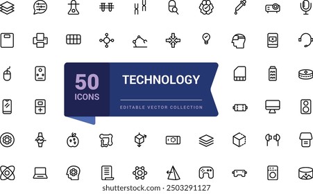 Conjunto de iconos de línea de Tecnología. La realidad virtual y aumentada esboza el icono. Pixel perfecto, Web minimalista e icono de interfaz de usuario. Colecciones de iconos de esquema.