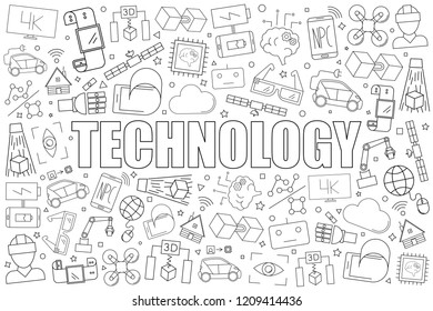 Technology from line icon with word. Linear vector pattern. Vector illustration