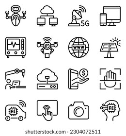 technology line icons. artificial intelligence, database, server, automated, robot, drone, monitor, software, tech, innovation, desktop, camera, signs, storage, connect, system, website