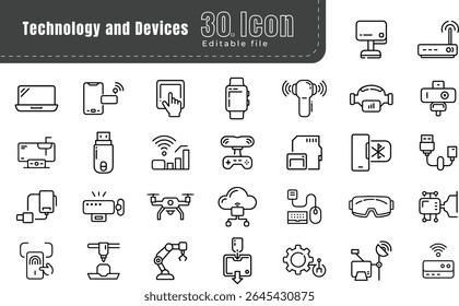 Technology line icons  collection set. Editable Stroke. Thin outline icons pack. Vector illustration EPS10. Machine learning, digital AI technology, algorithm, smart robotic, cloud computing network