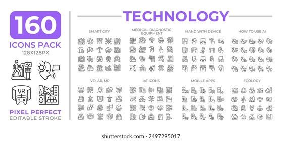 Technology line icons set collection. Smart city IoT. Clean energy. VR, AR, AI. Hand device mobile apps mega pack of linear pictograms, pixel perfect. Isolated vector illustrations. Editable stroke