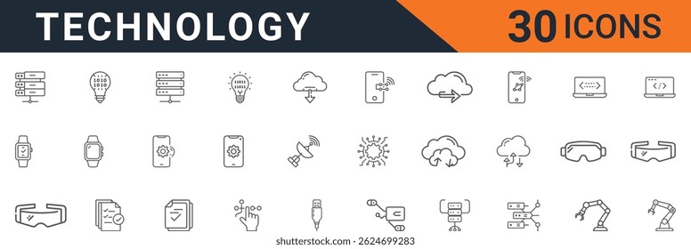 Technology Line Icons Set mit KI, Cloud Computing, Smart Devices, VR, Machine Learning, IoT und Automation. Bearbeitbarer Strich, skalierbar und anpassbar.