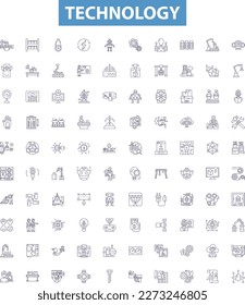 Technology line icons, signs set. Tech, Gadget, Electronics, Network, Software, Program, AI, Machine, Process outline vector illustrations.