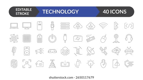 Colección de Vector de iconos de línea de Tecnología, Stroke Tech Icon Pack editable, Dispositivos digitales, Innovación, Símbolos de red