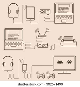  Technology line style with hardware and device. Top view