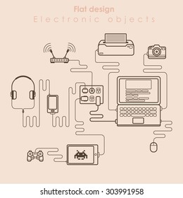 Technology line style with hardware and device. Top view