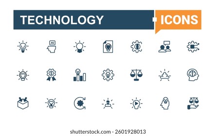 Technology linear icon. Innovation icon set. Startup minimalist icons collection. Perfect for logos and infographic. Solid line editable stroke. Vector collection.