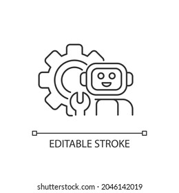 Technology linear icon. Robot with wrench against background of huge gear. Mechanisms study. Thin line customizable illustration. Contour symbol. Vector isolated outline drawing. Editable stroke