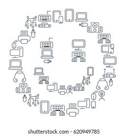 Technology lined icons set with modern devices and gadgets in smile shape isolated vector illustration