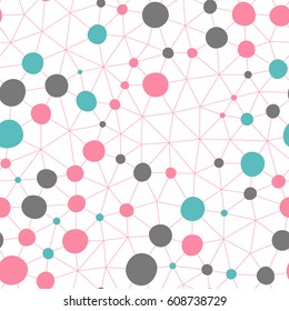 Technology lines seamless background. Irregular linear grid with circles in nodes. Vector repeating texture.