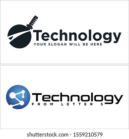 Technology logo with black ninja head sword and letter S tech round blue vector suitable for software business company provide
