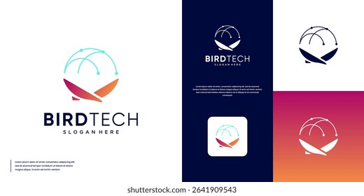 Technology logo with circular style global abstract shapes and birds, innovation, vector design graphic.