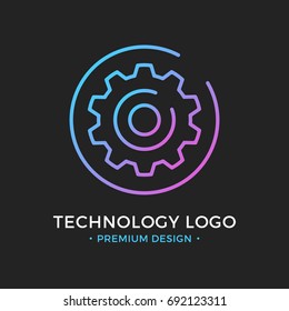 Technology Logo. Cog, Gear Icon In Circle. Premium Design. Trendy Linear Style. Abstract Concept. Simple Round Line Icon Isolated On Black Background. Creative Modern Vector Logo