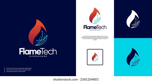technology logo with the concept of electrical circuits and fire, heat energy, graphic design illustration.