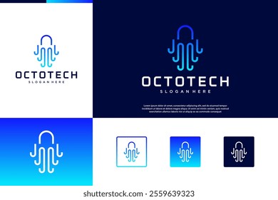 technology logo with the concept of underwater animals, research, octopus, vector graphic design.