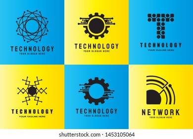 technology logo. connection sign. network symbol. luxury technology icon of the future. circuit board technology design with the concepts of gold, black and blue. electronic background -vector