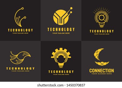 technology logo. connections sign. networking symbol. tech future luxury icons. circuit board technology design  with gold and black concept. electronics backgrounds. vector illustration element