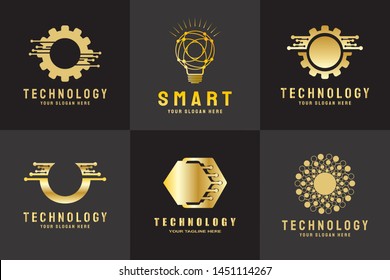 technology logo. connections sign. networking symbol. tech future luxury icons. circuit board technology design  with gold, black and blue concept. electronics backgrounds. vector illustration element
