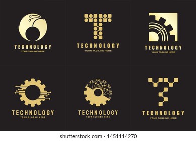 technology logo. connections sign. networking symbol. tech future luxury icons. circuit board technology design  with gold, black and blue concept. electronics backgrounds. vector illustration element