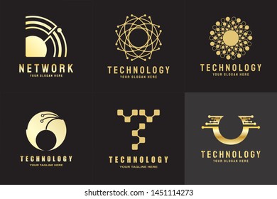 technology logo. connections sign. networking symbol. tech future luxury icons. circuit board technology design  with gold, black and blue concept. electronics backgrounds. vector illustration element