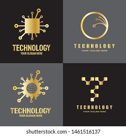 technology logo. connections sign. networking symbol. tech future luxury icons. circuit board technology design  with gold and black concept. electronics backgrounds. vector illustration element