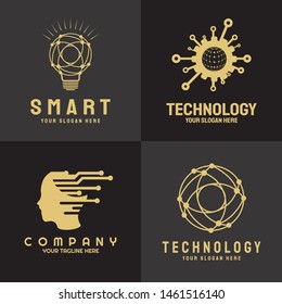 technology logo. connections sign. networking symbol. tech future luxury icons. circuit board technology design  with gold and black concept. electronics backgrounds. vector illustration element