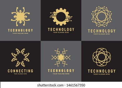 technology logo. connections sign. networking symbol. tech future luxury icons. circuit board technology design  with gold and black concept. electronics backgrounds. vector illustration element