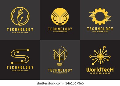 technology logo. connections sign. networking symbol. tech future luxury icons. circuit board technology design  with gold and black concept. electronics backgrounds. vector illustration element