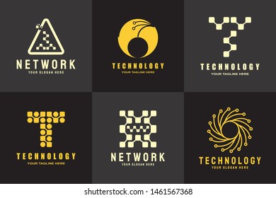 technology logo. connections sign. networking symbol. tech future luxury icons. circuit board technology design  with gold and black concept. electronics backgrounds. vector illustration element