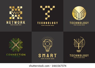 technology logo. connections sign. networking symbol. tech future luxury icons. circuit board technology design  with gold and black concept. electronics backgrounds. vector illustration element