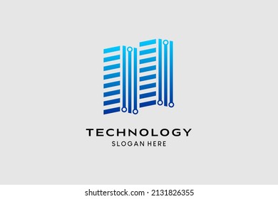 Technology logo design with building concept in modern style. Premium vector logo illustration