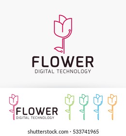 Technology logo design. Digital flower logo concept. vector logo template