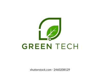 Technology logo design with green leaf elements and semiconductor circuit.