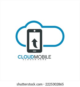 Diseño del logotipo tecnológico. Ilustración de un smartphone con flecha hacia arriba en el fondo de la nube.