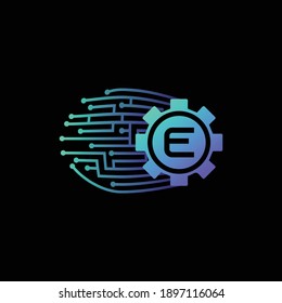 Technology Logo Design for Letter E. Electronic Digital Gear Letter E Logo Template. Electronic Digital circuit Logo design for Letter E. Blue Electronic Gear Logo Design for letter E.